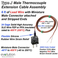 Type J Thermocouple Extension Cable Assemblies - PFA or FEP Fluoropolymer Insulated Wire with a Miniature Male Connector and Stripped End Terminations