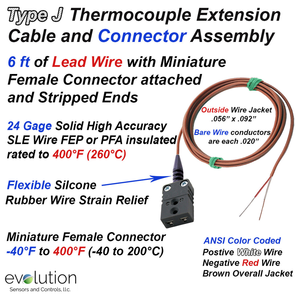 Type J Thermocouple Extension Cable - FEP Lead Wire with Stripped Ends and Miniature Female Connector