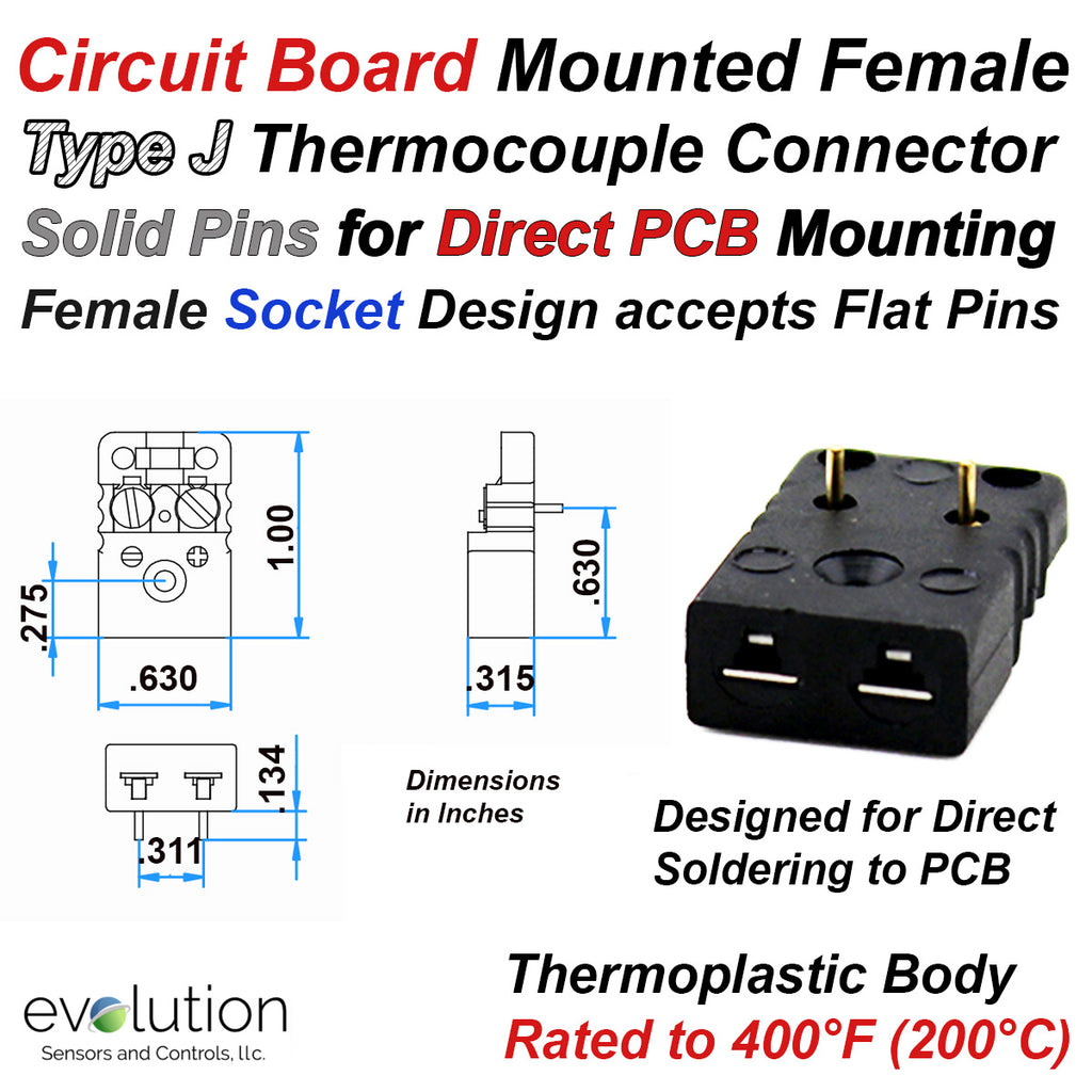 PCB Thermocouple Connectors, Miniature PCB Flat Mounting, Type J