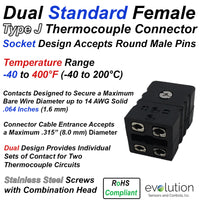 Type J Dual Thermocouple Connector Standard Size Female
