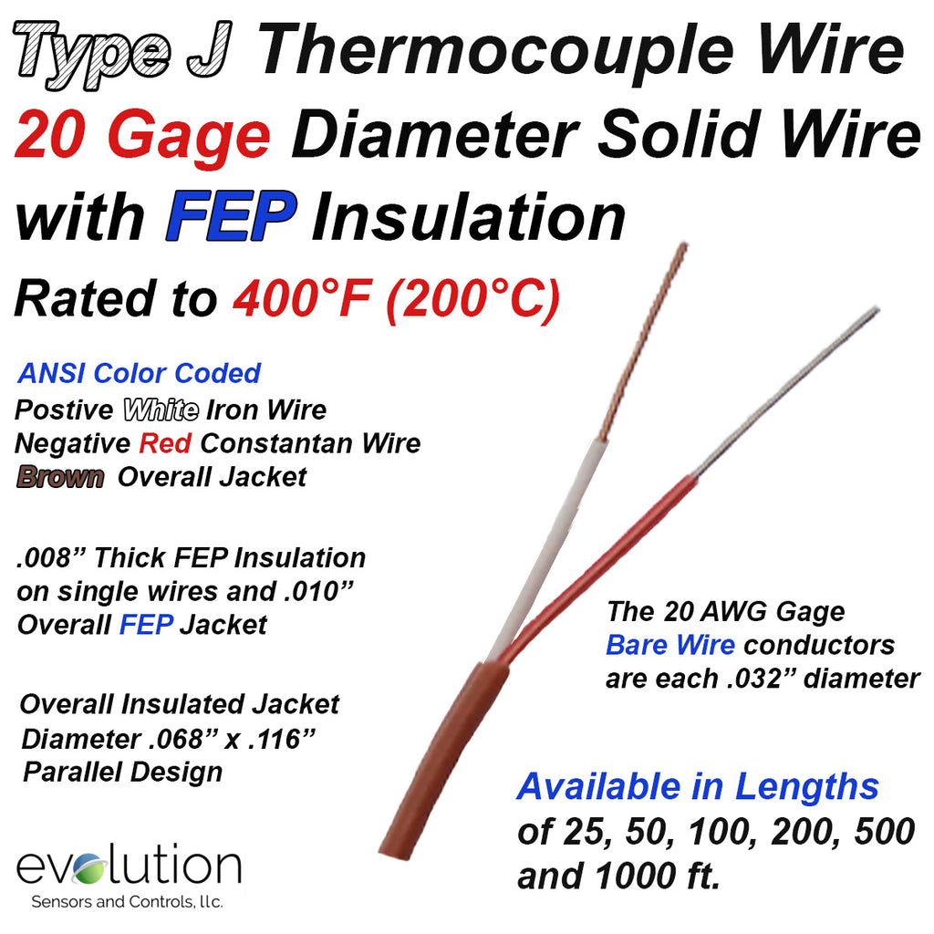 Type J Thermocouple Wire 20 Gage Solid FEP Insulated