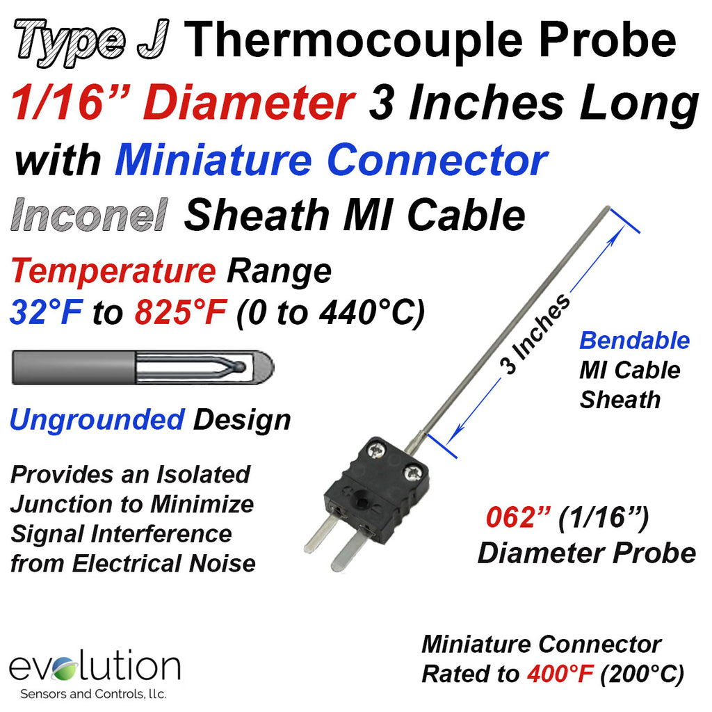 Type J Thermocouple Probe with Miniature Male and Female Connector - 1/16 Inch Diameter 3 Inch Long Inconel Sheath Ungrounded