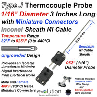 Type J Thermocouple Probe with Miniature Male and Female Connector - 1/16 Inch Diameter 3 Inch Long Inconel Sheath Ungrounded