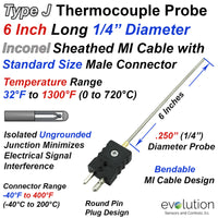 Type J Thermocouple Probe Inconel Sheath Ungrounded 1/4