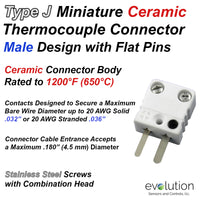 Miniature Thermocouple Connectors, Miniature Ceramic Male, Type J