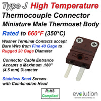 Type J High Temperature Thermoset Miniature Male Thermocouple Connector