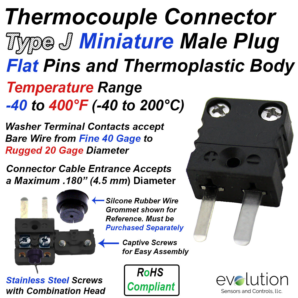 Type J Miniature Male Thermocouple Connector | Evolution Sensors