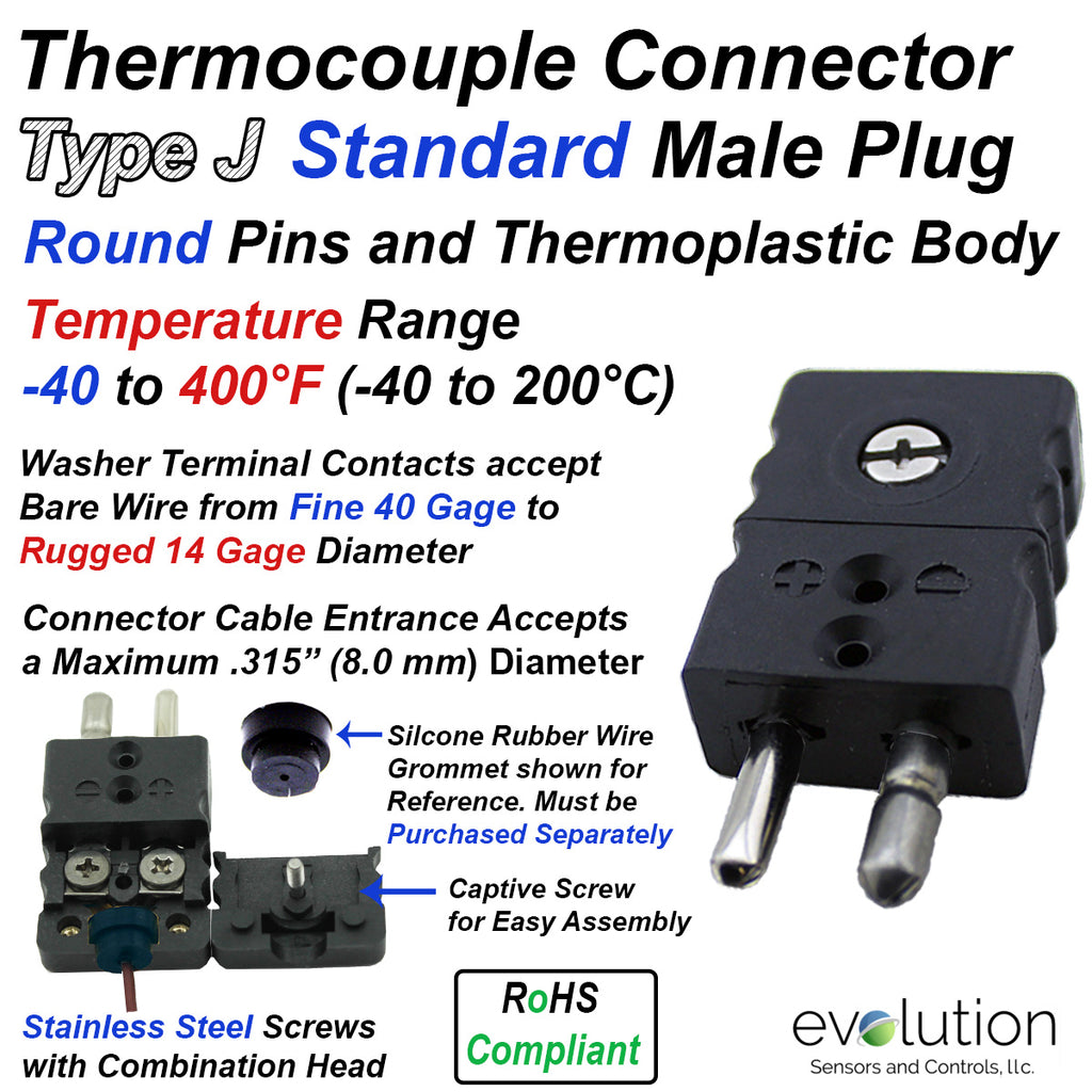 Type J Thermocouple Connector Standard Size Male | Evolution Sensors ...