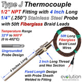 Type J Thermocouple Probe with 1/2" NPT Fitting and Lead Wire