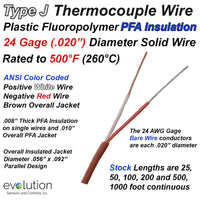 Type J Thermocouple Wire 24 Gage PFA Insulated
