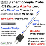 Type J Thermocouple MI Cable Probe Stainless Steel Sheath Grounded .032" Diameter 6 Inches Long with Miniature Connector