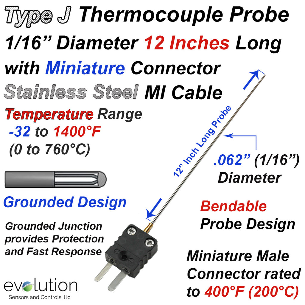 Thermocouple Sensor Type J Grounded 12" Long 1/16" Dia. Stainless Steel Sheath with Miniature Connector