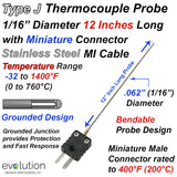 Thermocouple Sensor Type J Grounded 12" Long 1/16" Dia. Stainless Steel Sheath with Miniature Connector