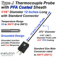 Type J PFA Coated Thermocouple Probe 1/16
