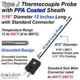 Type J PFA Coated Thermocouple Probe 1/16" Diameter 12 Inches Long 