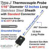 Type J Thermocouple Probe with a Standard Size Connector 1/16" Diameter 12 Inches Long 