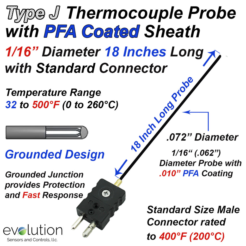 Type J Thermocouple PFA Coated 1/16" Diameter 18 Inches Long