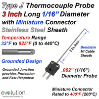 Type J Thermocouple Probe 3 Inches Long 1/16