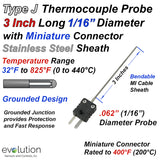 Type J Thermocouple Probe 3 Inches Long 1/16" Diameter with Connector