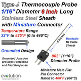 Type J Thermocouple Probe 6" Long 1/16" OD. with Miniature Connector