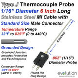 Thermocouple Sensor Type J Grounded 6" Long 1/16" Dia. Stainless Steel Sheath with Standard Connector