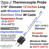 Thermocouple Sensor Type J Ungrounded 12" Long 1/16" Dia. Stainless Steel Sheath with Miniature Connector