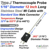 Thermocouple Sensor Type J Ungrounded 12" Long 1/16" Dia. Stainless Steel Sheath with Standard Connector