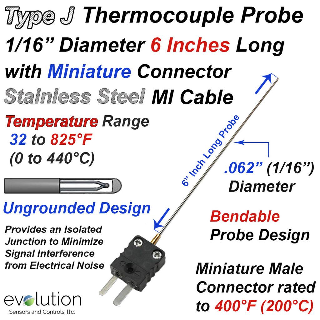 Thermocouple Sensor Type J Ungrounded 6" Long 1/16" Dia. Stainless Steel Sheath with Miniature Connector