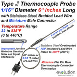 Type J Thermocouple Probe with Stainless Steel Overbraided Lead Wire amd Connector