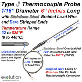 Type J Thermocouple Probe with Stainless Steel Overbraided Lead Wires