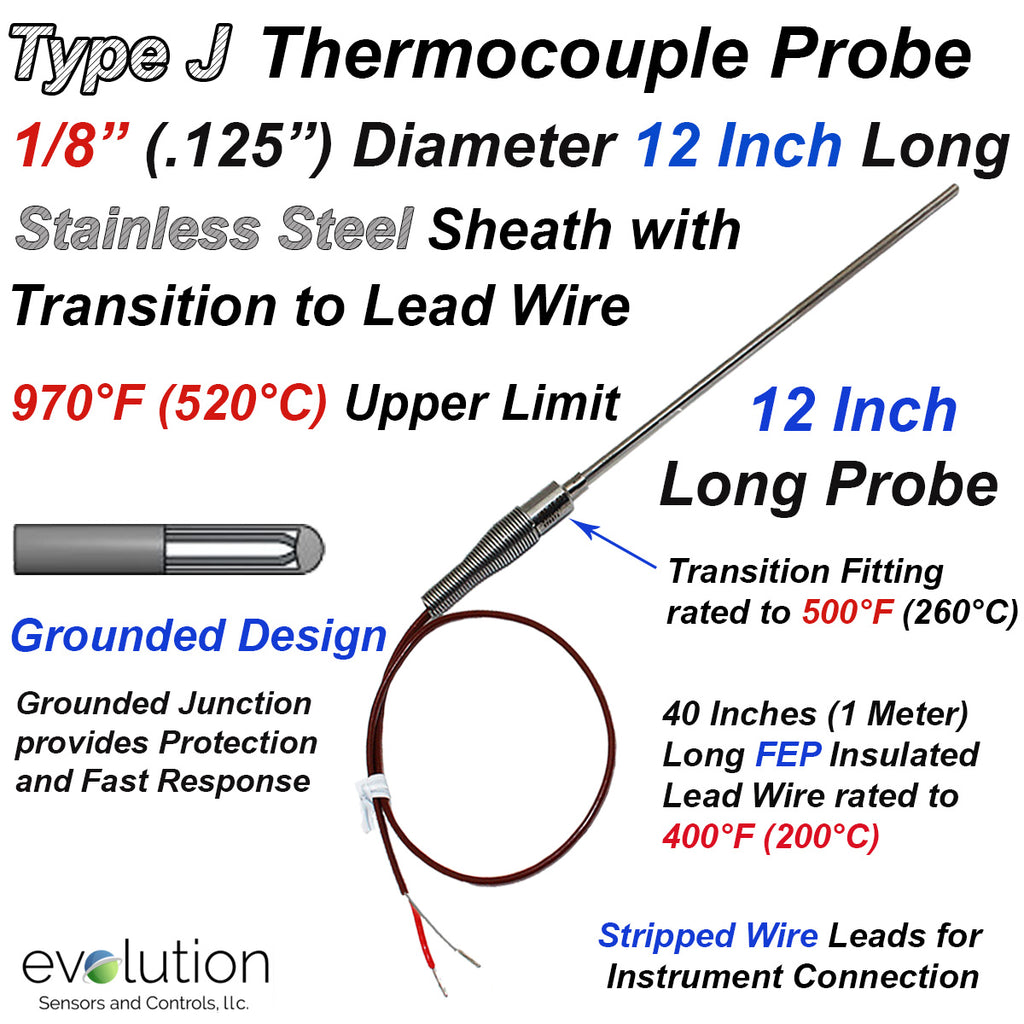 Type J MI Cable Probe Stainless Steel Sheath 1/8" Diameter Grounded 12 Inches Long with PFA Lead Wire
