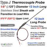 Type J MI Cable Probe Stainless Steel Sheath 1/8" Diameter Grounded 12 Inches Long with PFA Lead Wire