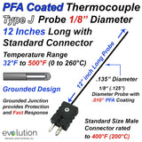 Type J PFA Coated Thermocouple Probe 12 Inches Long 1/8 Inch Diameter