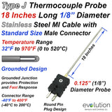 Type J Thermocouple Probe 18" Long 1/8" Diameter with Standard Connector