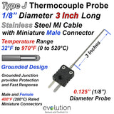 3 Inch Long Type J Thermocouple Probe with Miniature Connectors - 1/8" Diameter Stainless Steel Sheath with Grounded Thermocouple Junction