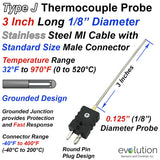 J Type Thermocouple Probe 3 Inch Long 1/8" Diameter with Standard Size Connector 