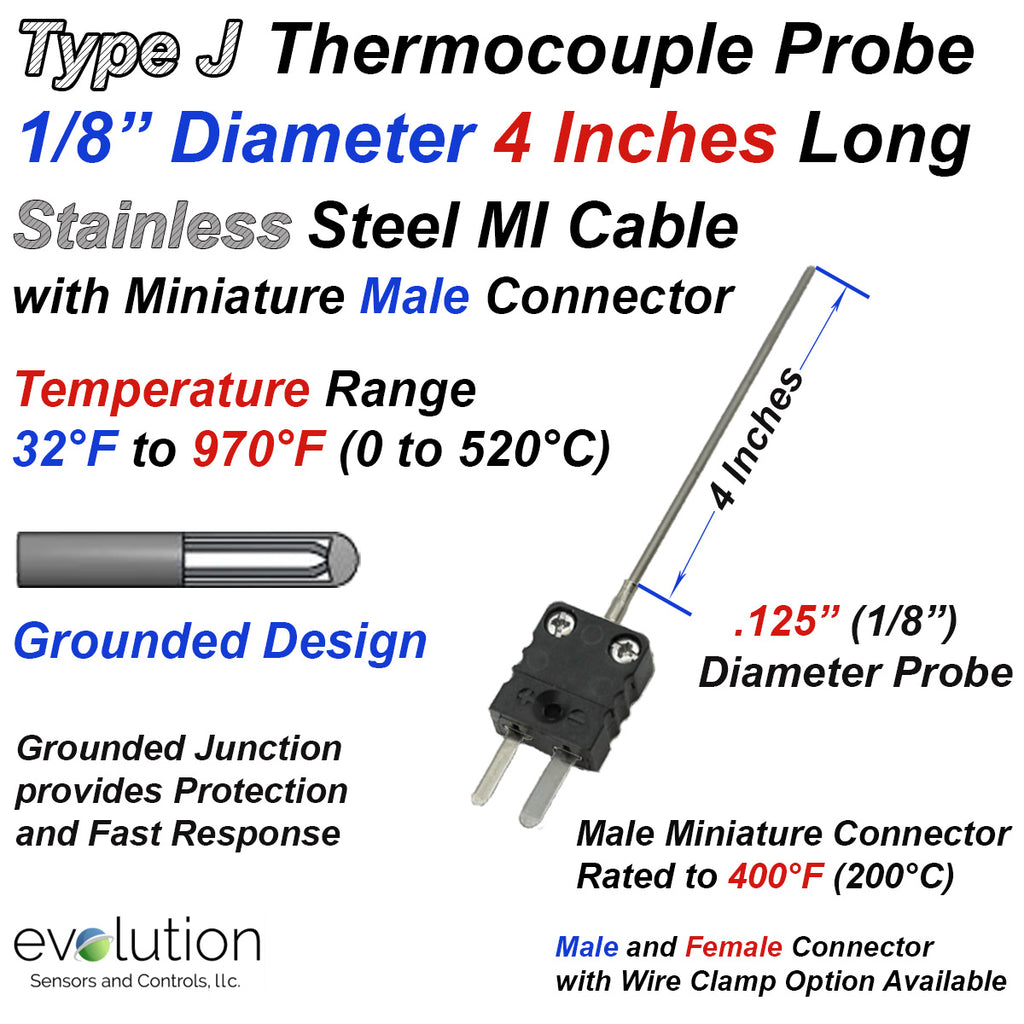 Type J Thermocouple Probe 1/8" Diameter 4 Inch Long with Male Connector