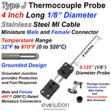 Type J Thermocouple Probe 1/8" Diameter 4 Inch Long with Male and Female Connector