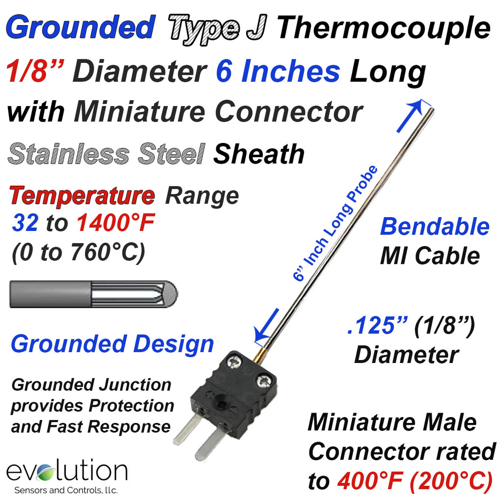 Type J Thermocouple Probe Grounded 6" Long 1/8" Diameter with Miniature Connector