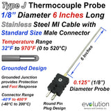 Thermocouple Sensor Type J Grounded 6" Long 1/8" Dia. Stainless Steel Sheath with Standard Connector