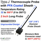 PFA Coated Type J Thermocouple Probe 2 Inches Long with a Miniature Connector