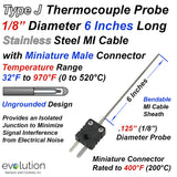Type J Thermocouple Probe 1/8" Diameter with Miniature Male Connector