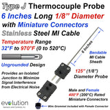 Type J Thermocouple Probe 1/8" Diameter with Miniature Connectors