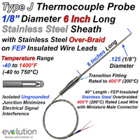 Type J Thermocouple Probe 1/8 Diamete with Overbraided Lead Wire and Stripped Ends