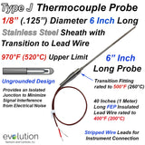 Thermocouple Sensor and Probe Type J Ungrounded 6 inches long 1/8 inch diameter Stainless Steel Sheath with PFA Lead Wire