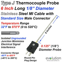 Type J Thermocouple Probe 6 Inches Long with Standard Size Connector