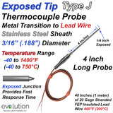 Type J Exposed Thermocouple Probe 4 Inches Long with Lead Wire