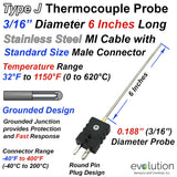 Thermocouple Sensor Type J Grounded 6" Long 3/16" Dia. Stainless Steel Sheath with Standard Connector