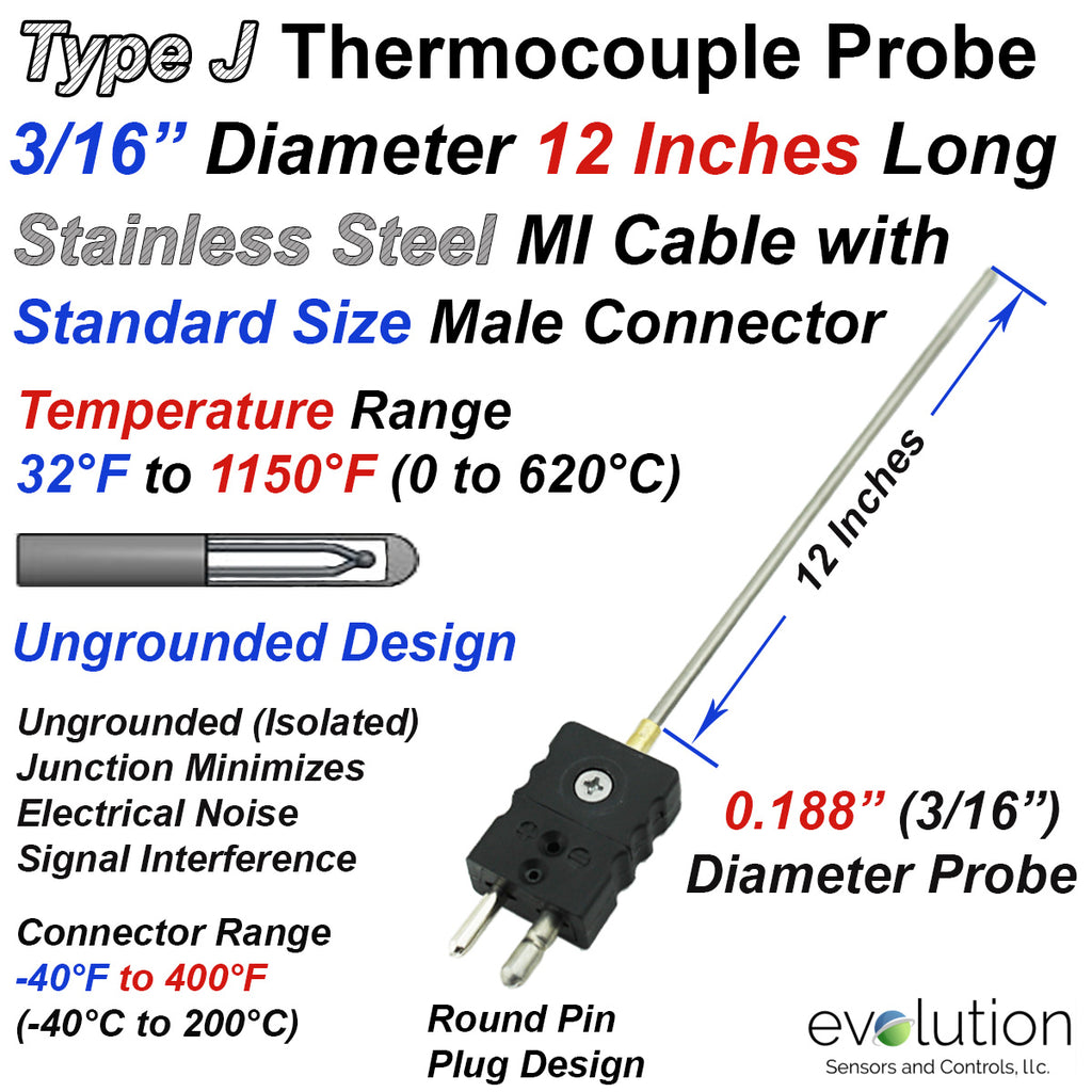 Type J Thermocouple Probe 3/16" Diameter 12" Inches Long Ungrounded