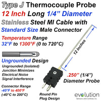Type J MI Cable Probe Stainless Steel Sheath Ungrounded 1/4